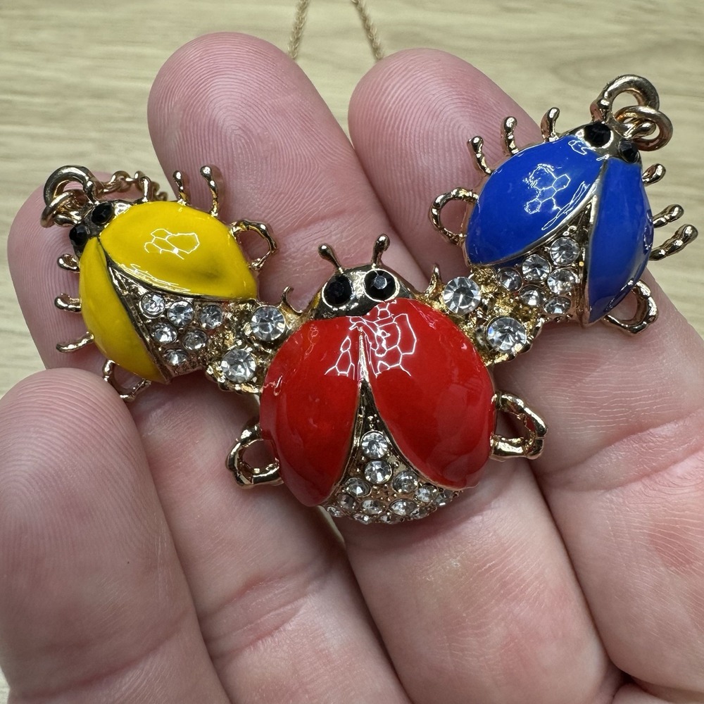 Betsey Johnson Beatles Necklace Enamel Rhinestone 3 Beatles Yellow, Red, Blue